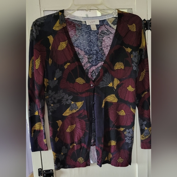 LOFT Women's Floral Cardigan Sweater - Black and Burgundy - Picture 1 of 3